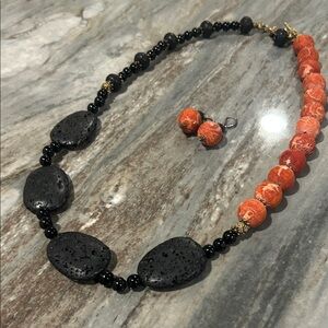Elegant Volcanic Mouna Loa black & coral Stone Necklace and Earring NWOT